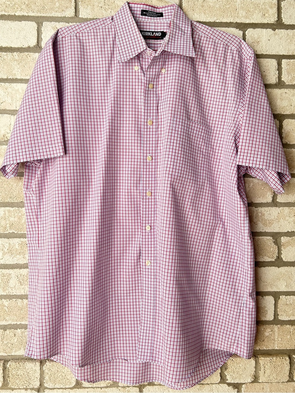 Kirkland Signature Men's Red and White Check Short-Sleeve Button-Up Shirt